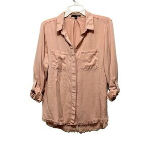 Haute Monde Fringed Raw Hem Button Front Top Roll Tab Sleeves Dusty Rose LG